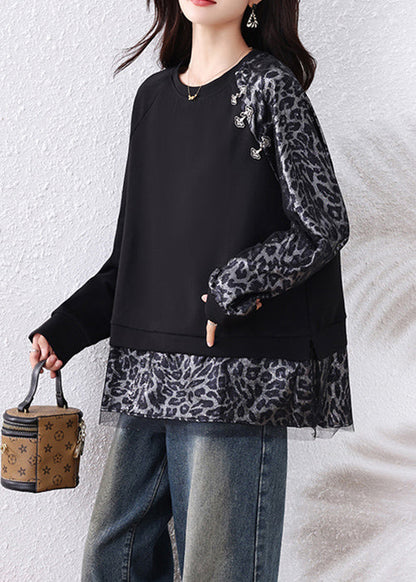 Black Leopard Tulle Patchwork Cotton T Shirts Fall
