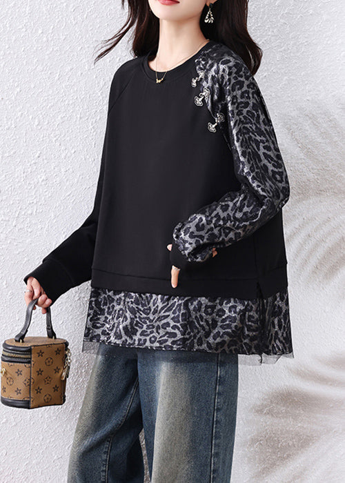 Black Leopard Tulle Patchwork Cotton T Shirts Fall