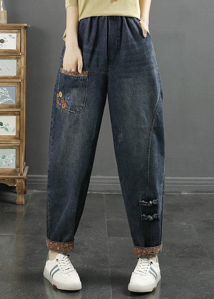 Loose Denim Blue Embroideried Pockets Elastic Waist Jeans Fall