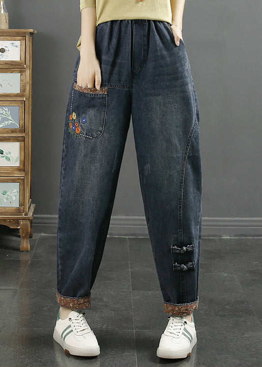 Loose Denim Blue Embroideried Pockets Elastic Waist Jeans Fall
