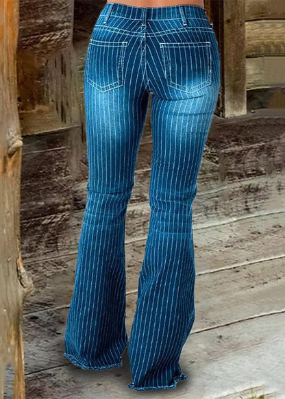 Stylish Blue Striped High Waist Denim Flare Bottoms Spring