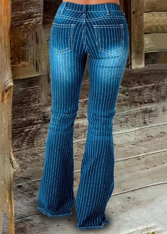 Stylish Blue Striped High Waist Denim Flare Bottoms Spring