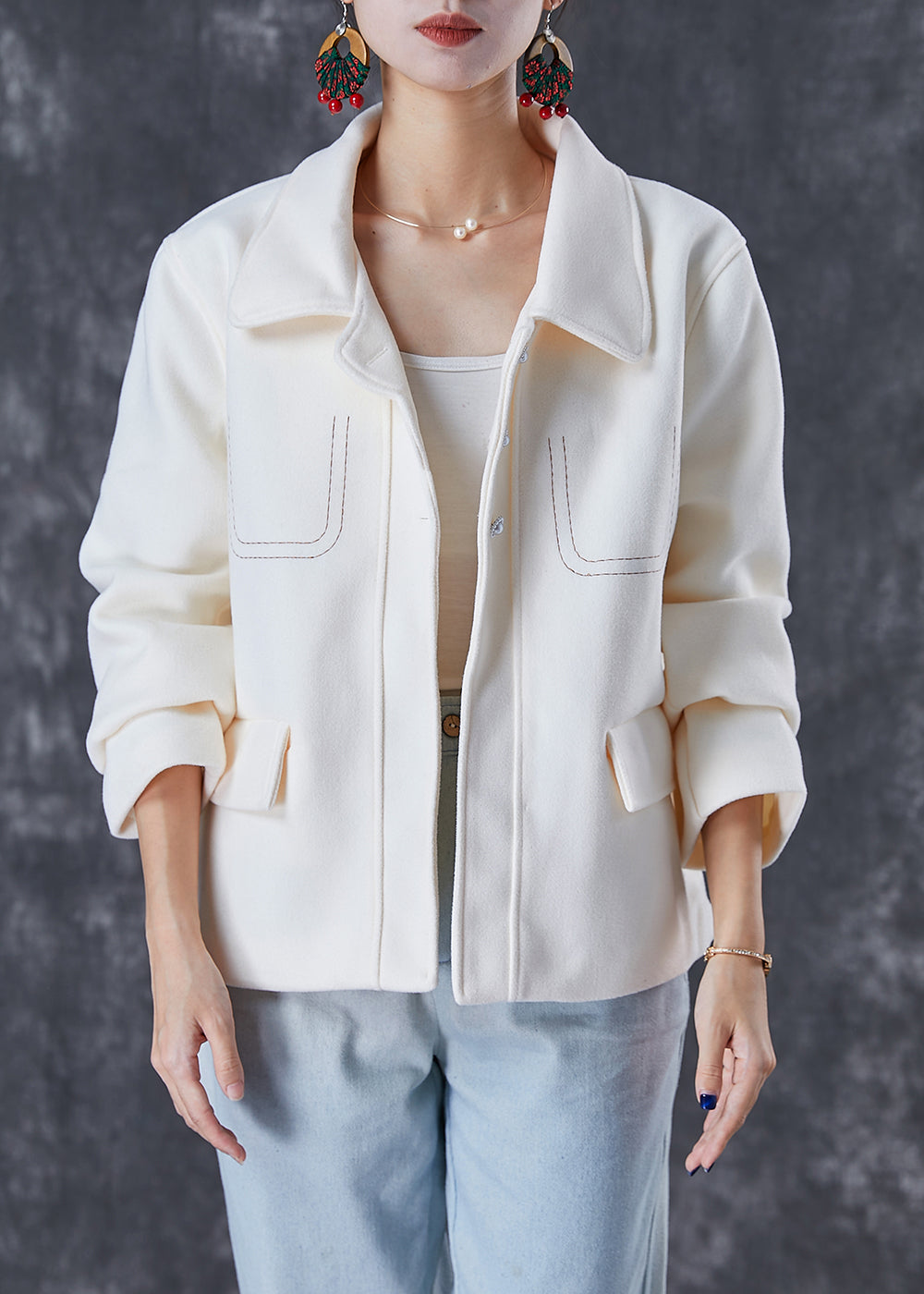 White Embroideried Woolen Coat Fall