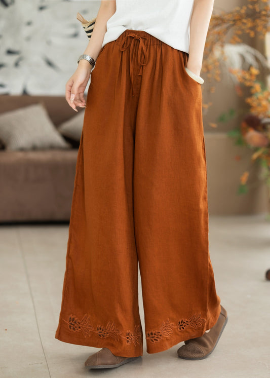 Orange Embroidered Oversized Linen Wide Leg Pants Summer