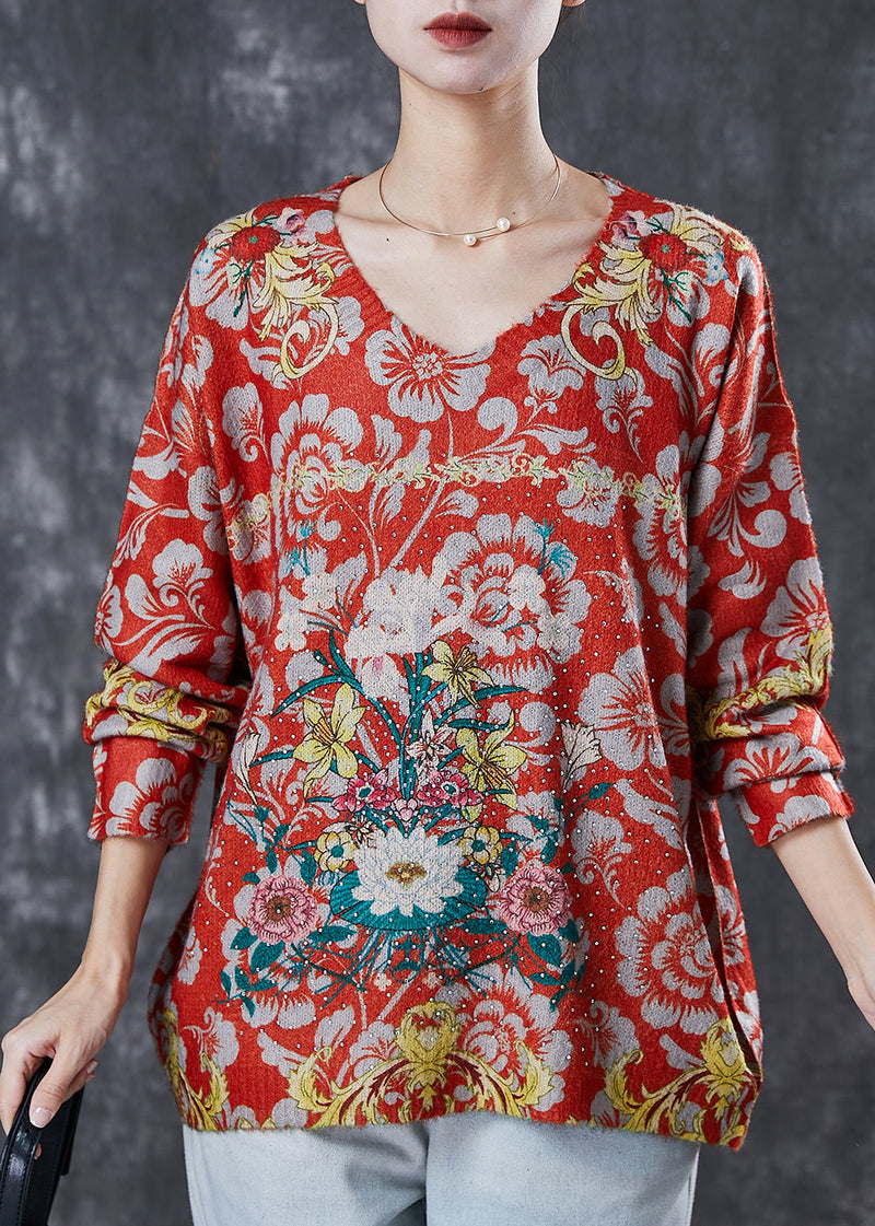 Red Oversized Zircon Knit Sweater Spring