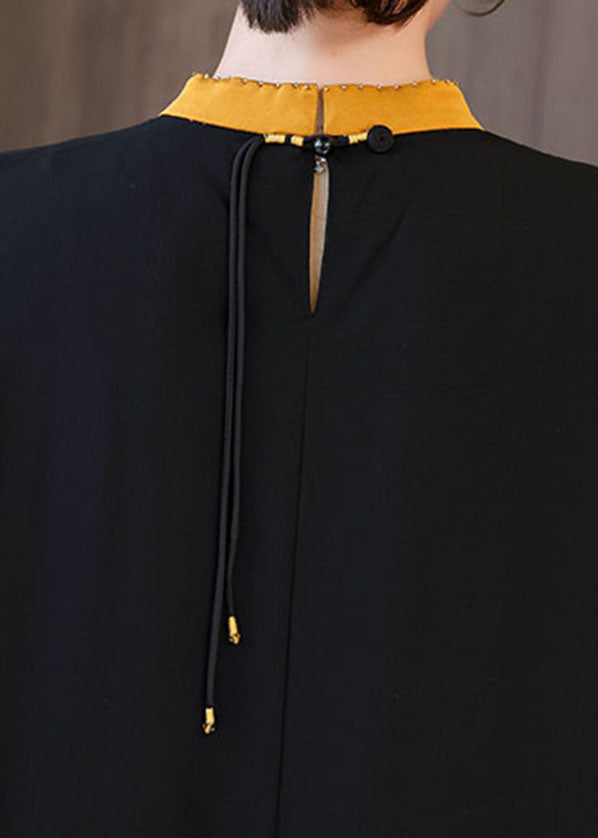 Classy Black Stand Collar Print Chiffon Holiday Dresses Short Sleeve