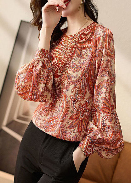 Orange O Neck Print Silk Tops Puff Sleeve
