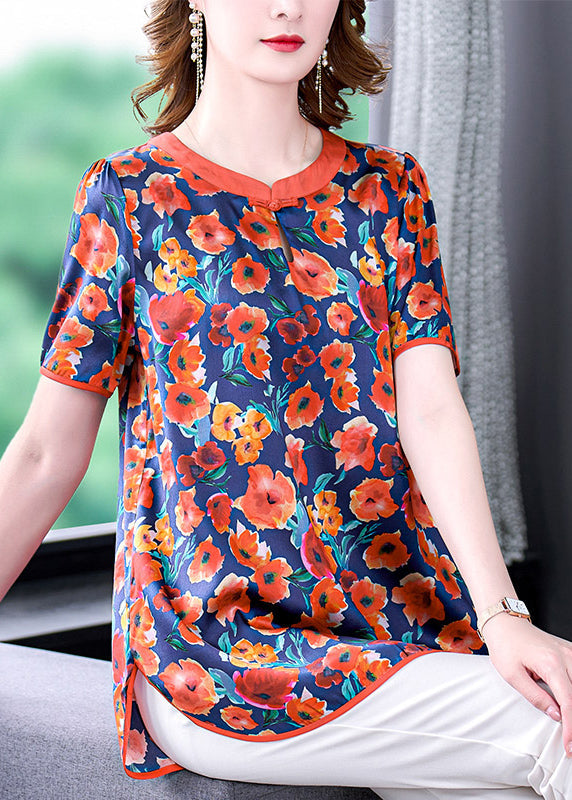Boutique Red O-neck Oriental Button Print Silk Tank Short Sleeve