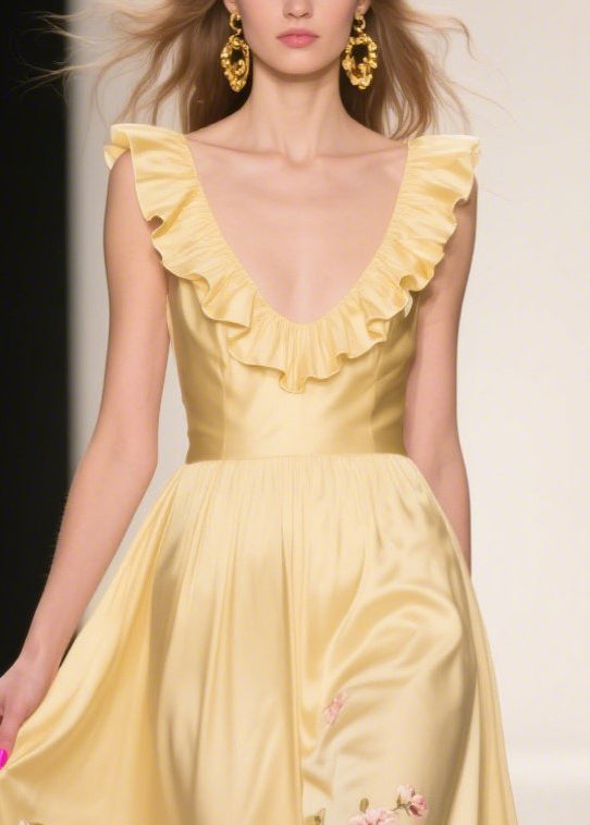 Yellow Ruffles Print Silk Vestidos Dress Summer