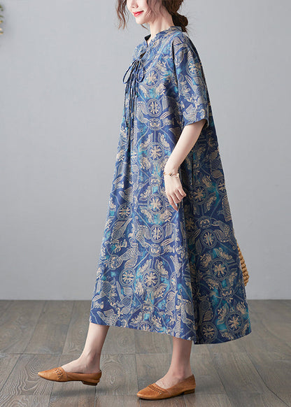 Blue Stand Collar Lace Up Print Linen Dresses Half Sleeve