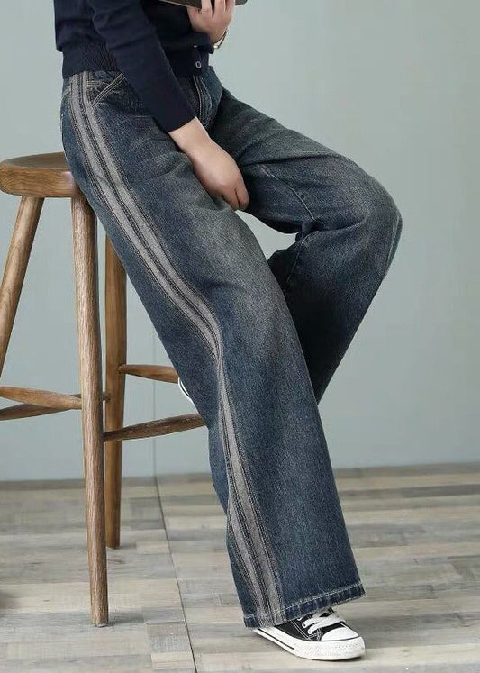 Loose Denim Blue High Waist Pockets Cotton Wide Leg Pants for Spring