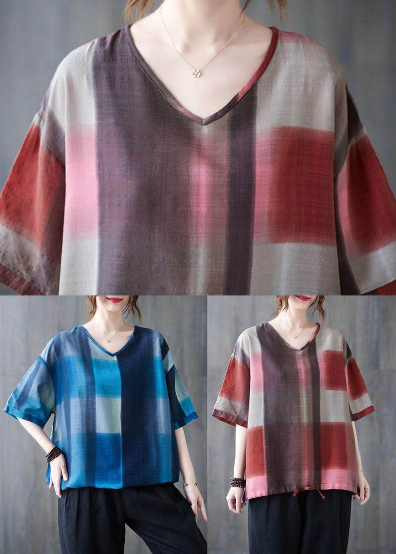 Red Oversized Plaid Linen Tanks Summer