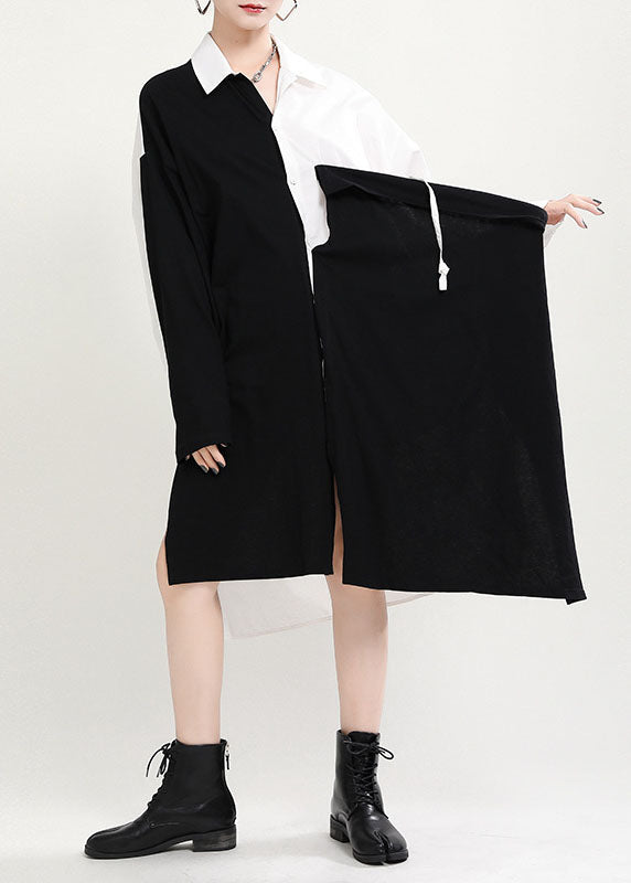 Black White Patchwork Asymmetrical Design Fall Dress Long Sleeve