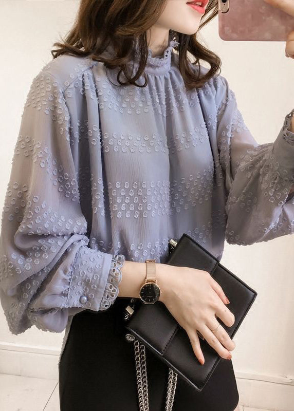 Purple Ruffled Button Chiffon Top Long Sleeve