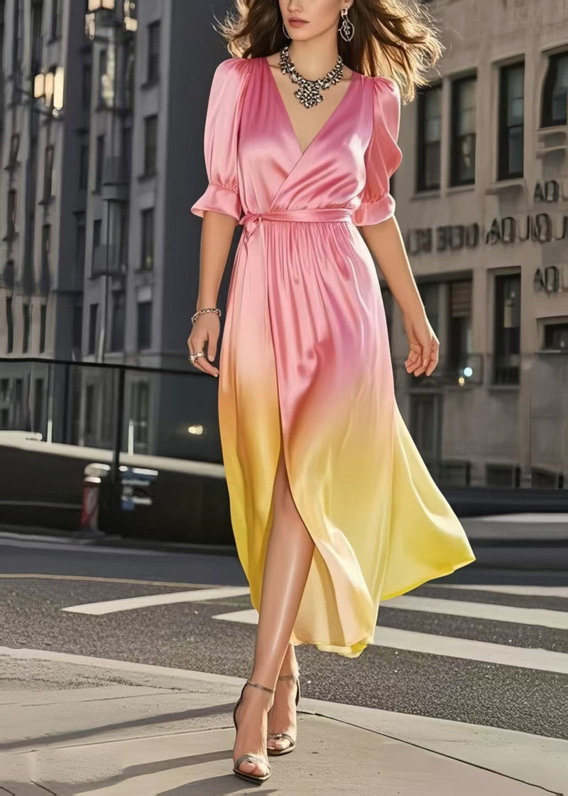 Gradient Color Cinched Draping Silk Day Dress Summer