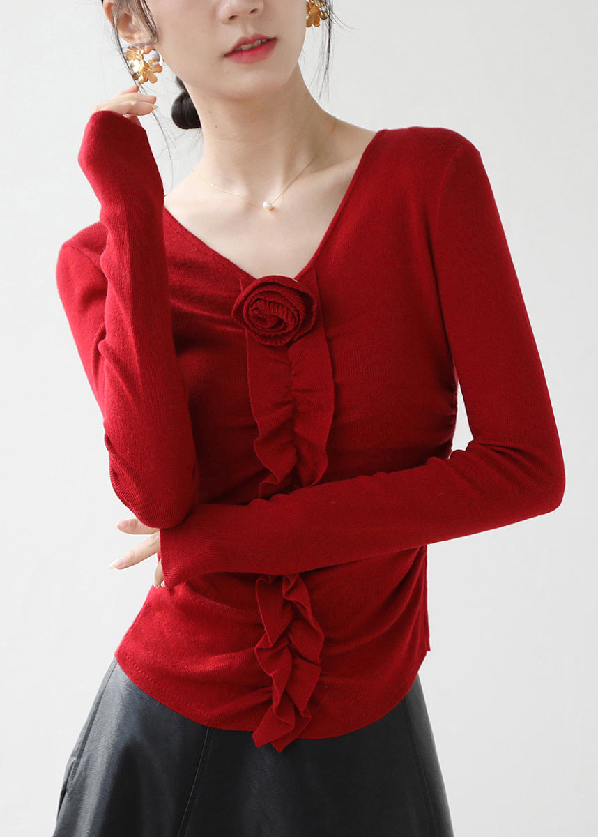 Fitted Red V Neck Ruffled Knit Top Spring