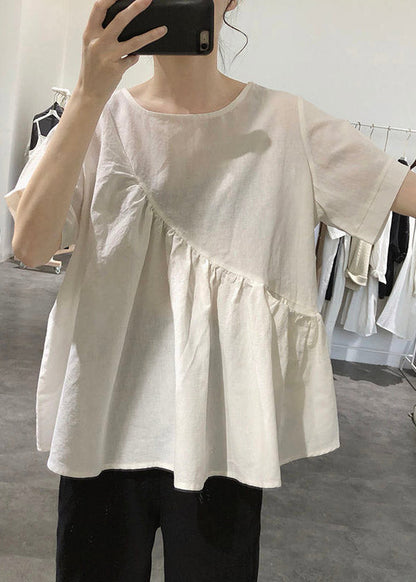 Grey O-neck Asymmetrical Wrinkled Top Short Sleeve