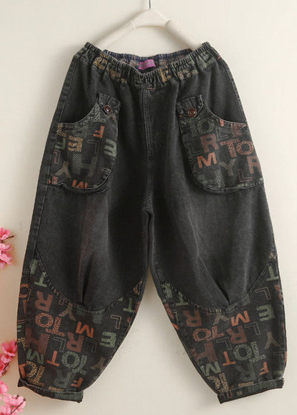 Black Pockets Graphic Print Denim Harem Pants Spring