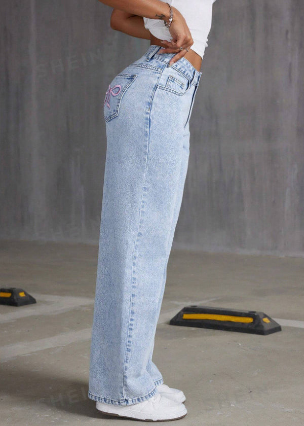 French Blue Pockets Patchwork Wide Leg Denim Pants Spring