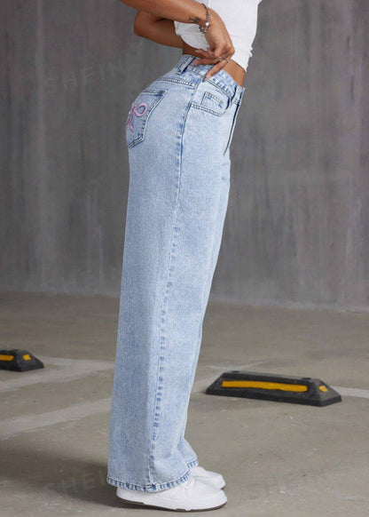 French Blue Pockets Patchwork Wide Leg Denim Pants Spring