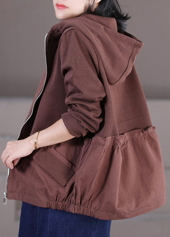 Chocolate Zippered Patchwork Low High Design Hooded Coats Long Sleeve