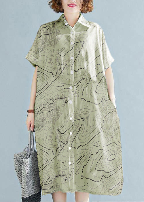 Modern Lapel Cotton Clothes for Work Outfits Green Texture Dress