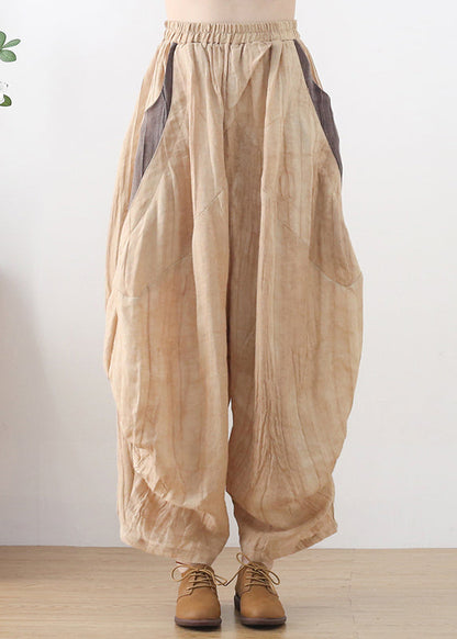 Khaki Elastic Waist Wrinkled Patchwork Linen Harem Pants Summer