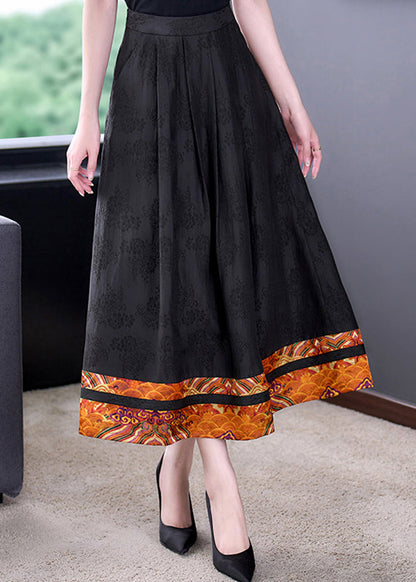 Diy Black Pockets Print High Waist Silk a Line Skirts Fall