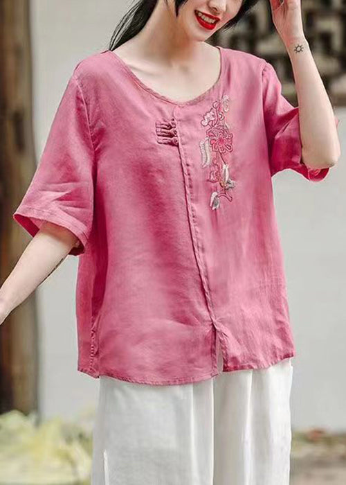 Rose O-neck Side Open Patchwork Cotton T Shirt Summer