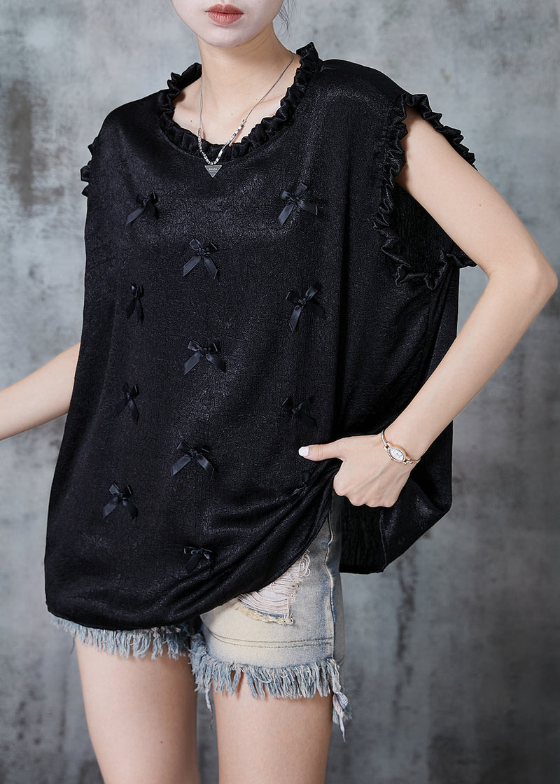 Black Ruffled Bow Silk Tank Summer