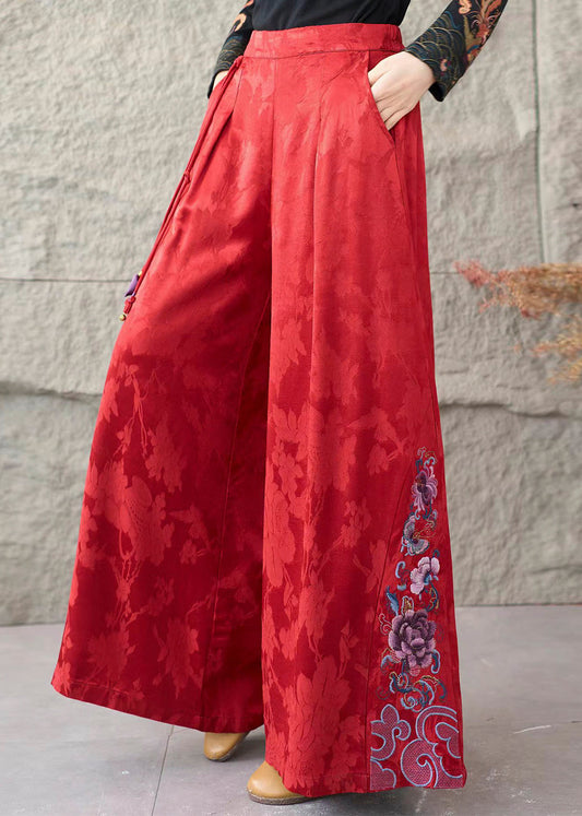 Red Embroidered Jacquard Silk Straigh Pants Spring