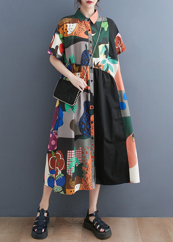 Black Peter Pan Collar Print Button Party Long Shirts Dress Short Sleeve