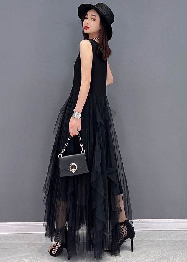 Simple Black O-neck Tulle Patchwork Cotton Dresses Sleeveless