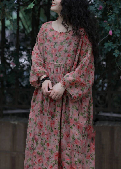 French O-neck Print Wrinkled Cotton Dresses Spring