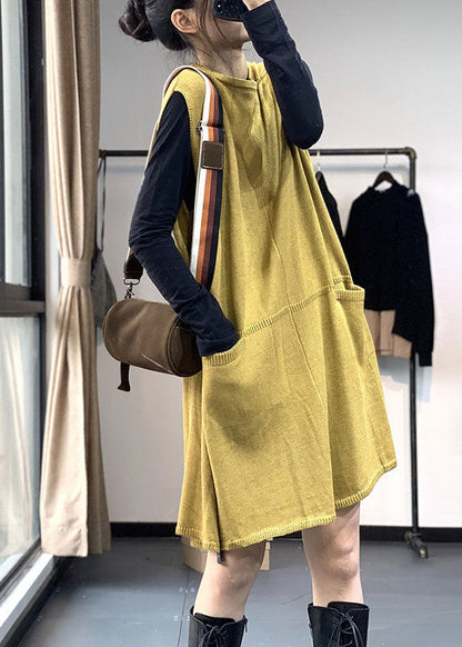 French Orange Red O-neck Pockets Fall Sweater Dress Knit Vest