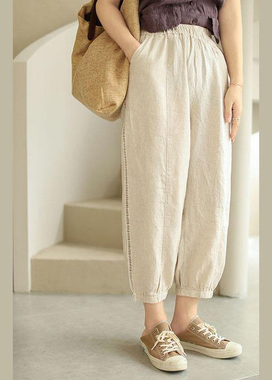 Organic Beige Retro Hollow Out Pockets Fall Pants