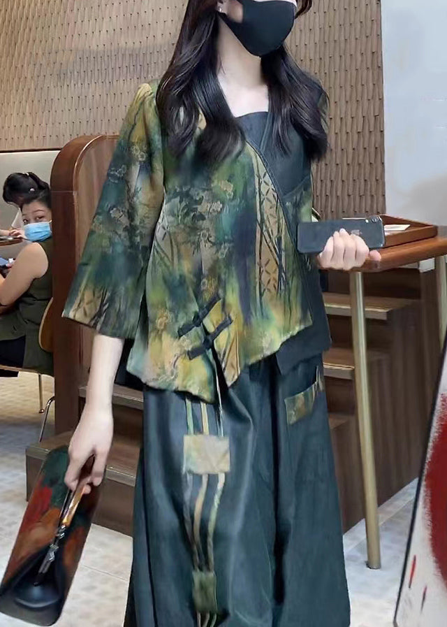 Blackish Green Asymmetrical Design Print Tops and Skirts Silk Two Pieces Set Summer