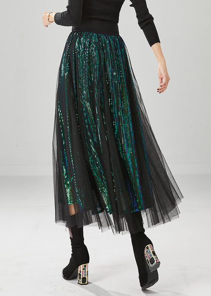 Peacock Green Silm Fit Tulle a Line Skirts Sequins Fall