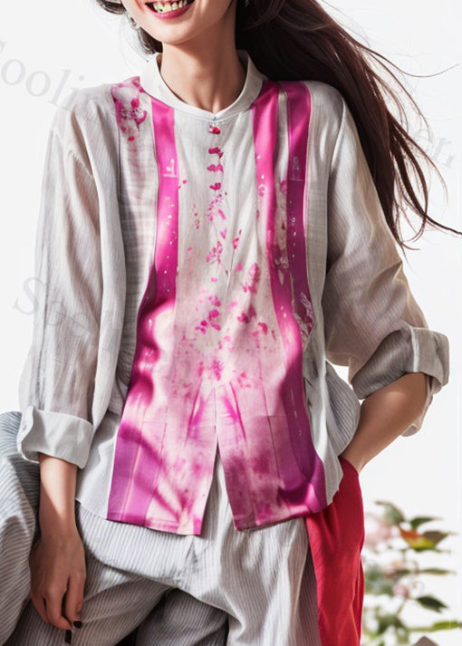 New Rose Print Side Open Patchwork Cotton Top Long Sleeve