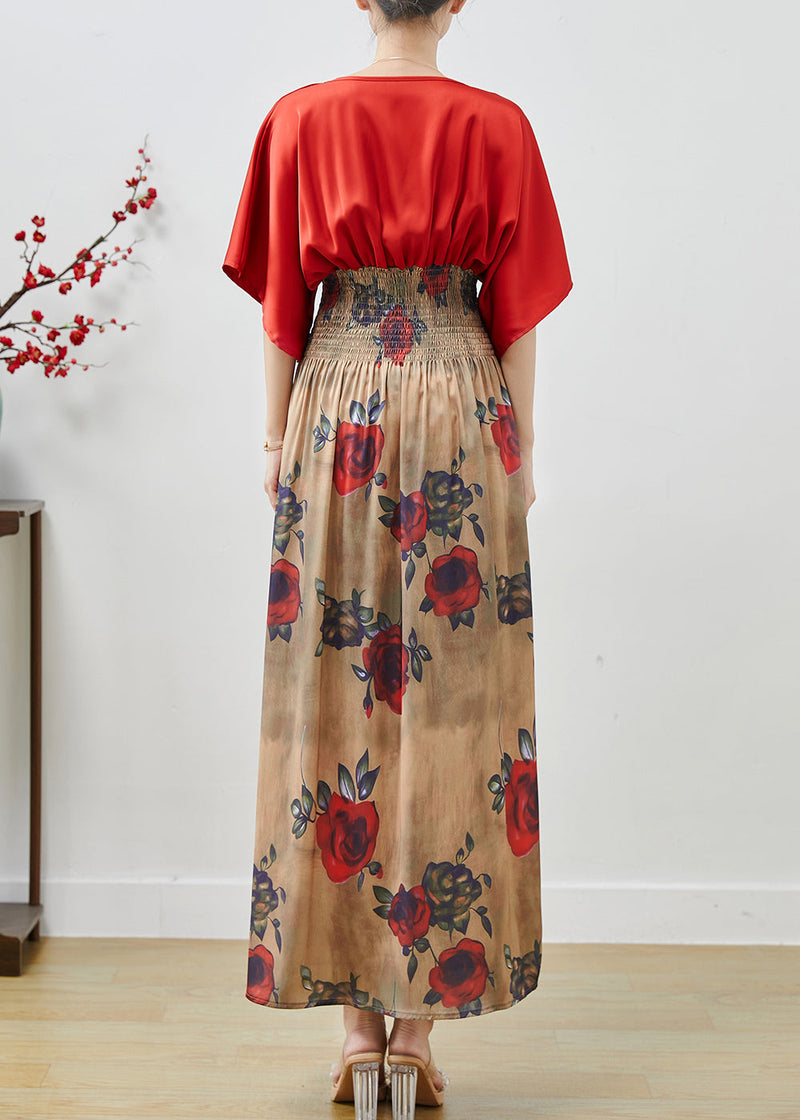 Red Elastic Waist Patchwork Chiffon Dress Summer