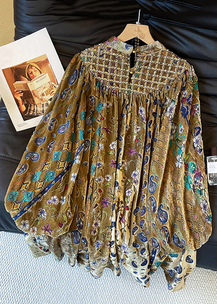 Stand Collar Print Button Cotton Blouses Lantern Sleeve