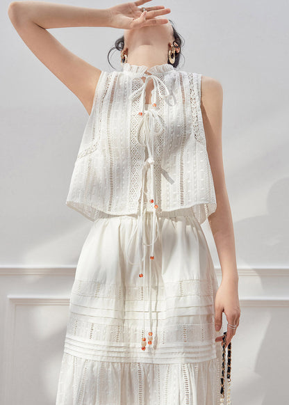 Art White Tie Lace Ruffled Lace Shirt and Maxi Skirts Two Piece Set Sleeveless