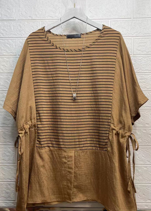 Rubber Red Striped Drawstring Patchwork Cotton Tops Summer