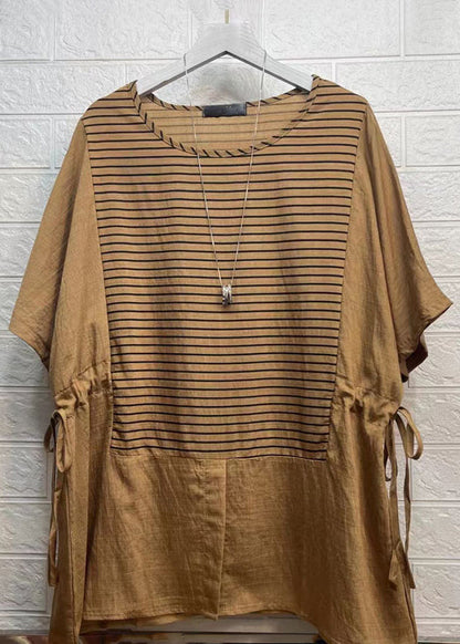 Rubber Red Striped Drawstring Patchwork Cotton Tops Summer