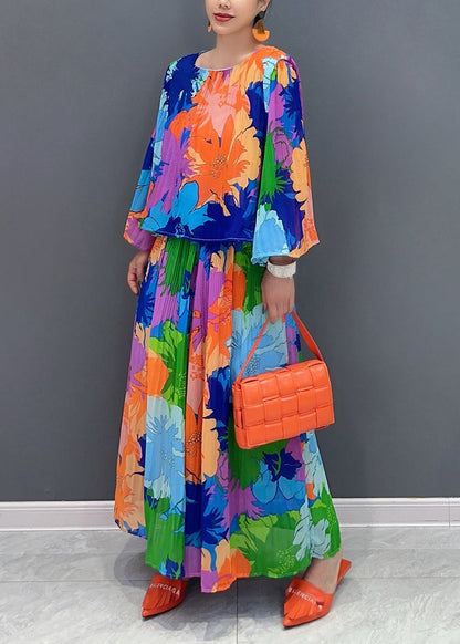 O-neck Wrinkled T Shirts and Maxi Skirts Two Pieces Set Bracelet Sleeve