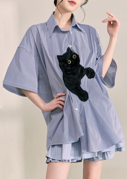 Blue Peter Pan Collar Little Cats Striped Shirts Summer