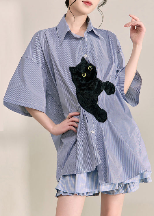 Blue Peter Pan Collar Little Cats Striped Shirts Summer