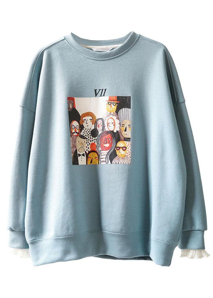 Comfy Blue O-neck Print Fall Sweatshirt