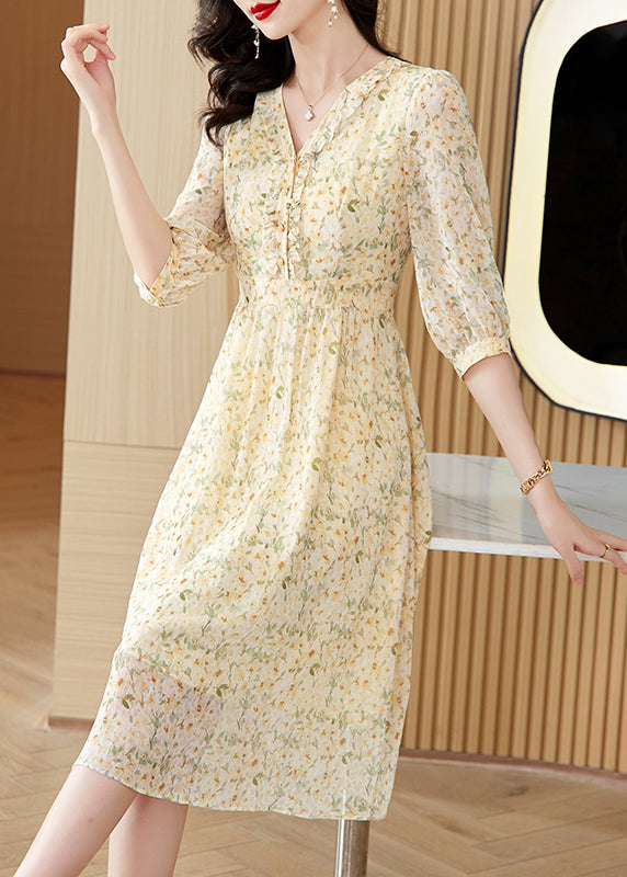 Light Yellow V Neck Print Chiffon Dresses Summer