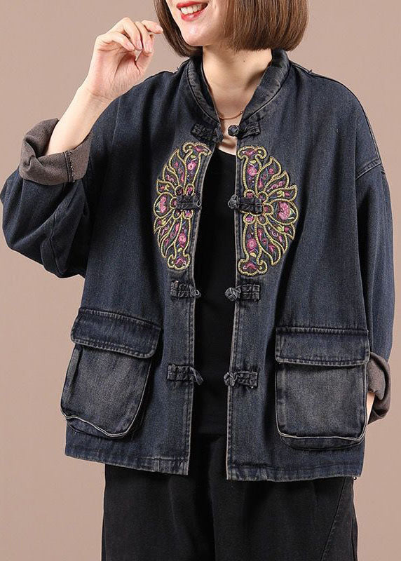 Black Button Embroideried Pockets Spring Denim Jackets